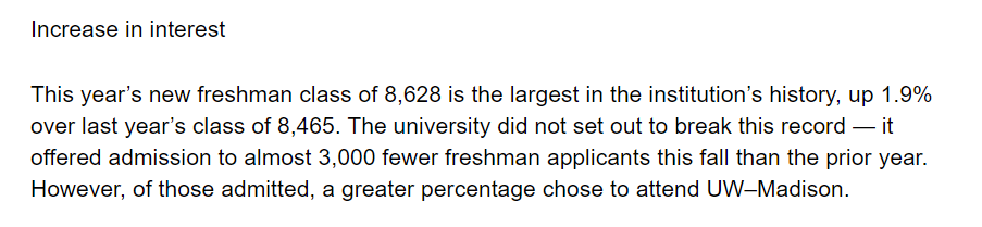 录取人数减少3,000，但新生入学人数仍创下新高？！威斯康星麦迪逊23Fall的录取数量可能进一步下降？