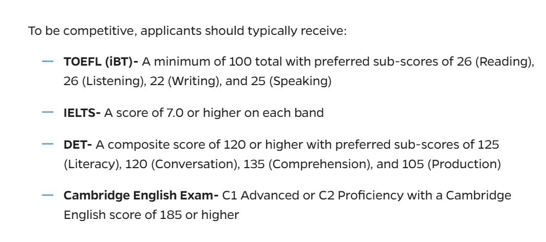 布朗大学托福最低105分，哥大和卡梅多邻国成绩最低要求135分，附美国TOP30综合性大学语言类考试政策！