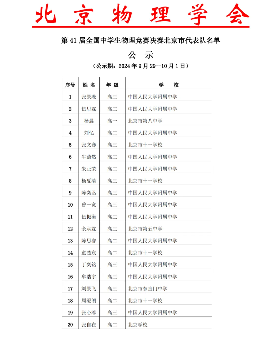 北京、浙江公布第41届物理竞赛省队、省一获奖名单