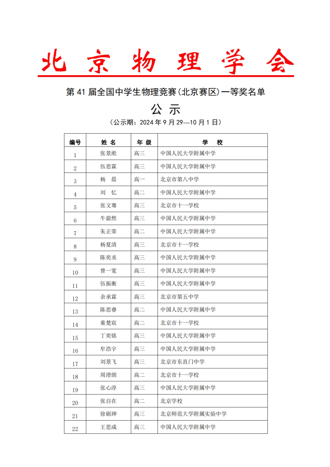 北京、浙江公布第41届物理竞赛省队、省一获奖名单