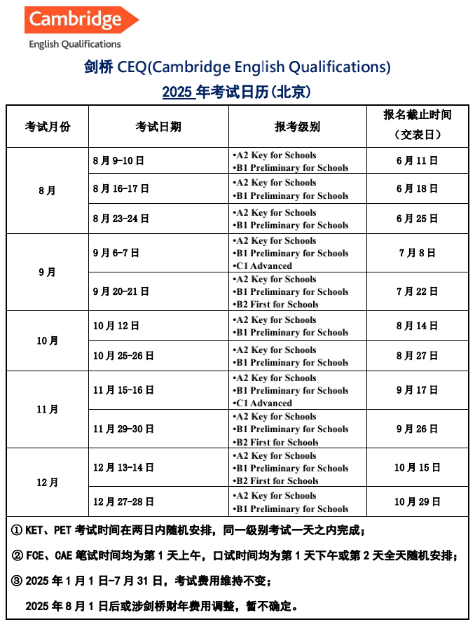 2025年KET考试时间安排，附北京KET/PET/FCE考试报名详情！