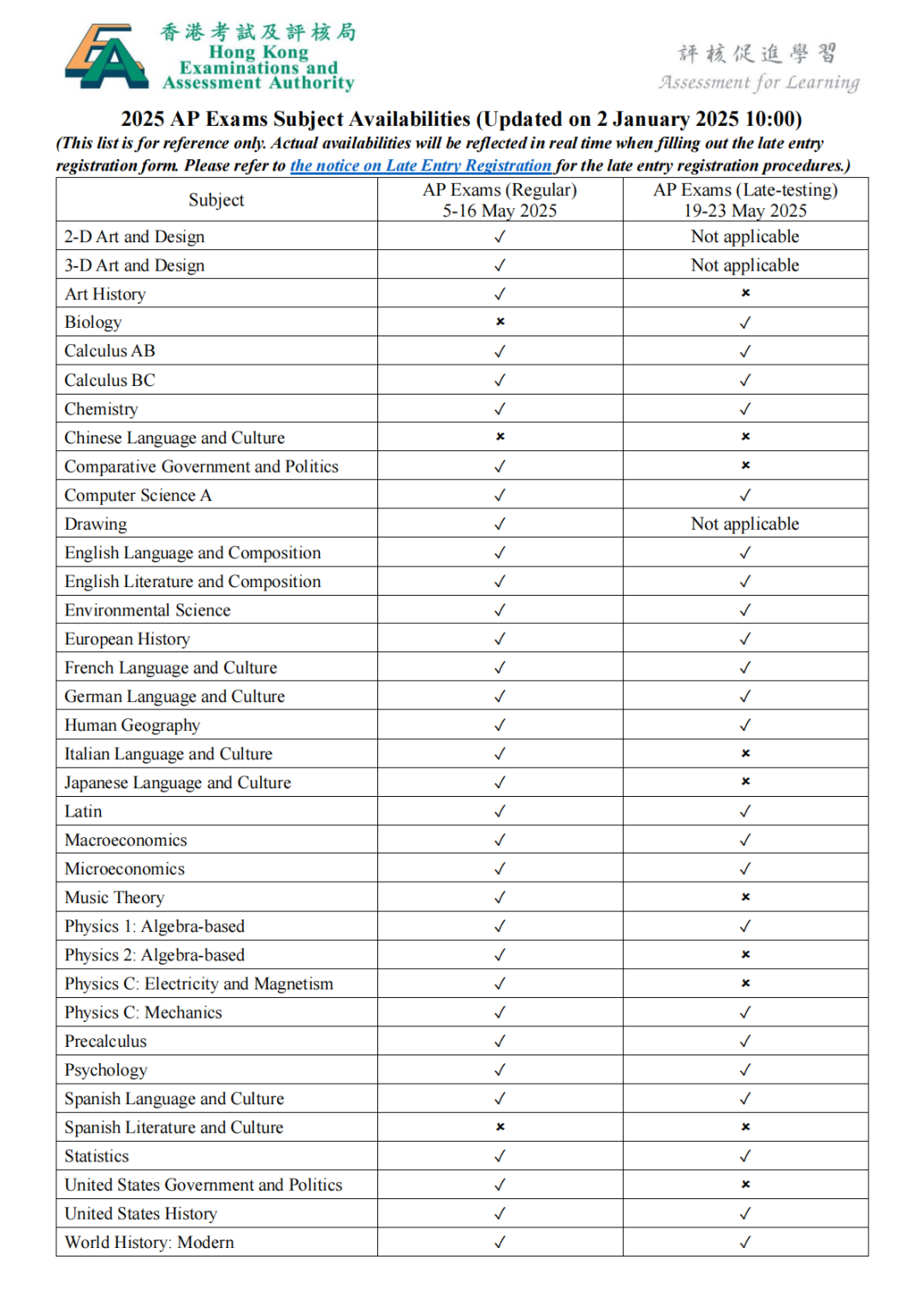 重要通知！2025年1月27日，AP中国香港考试开放逾期报名