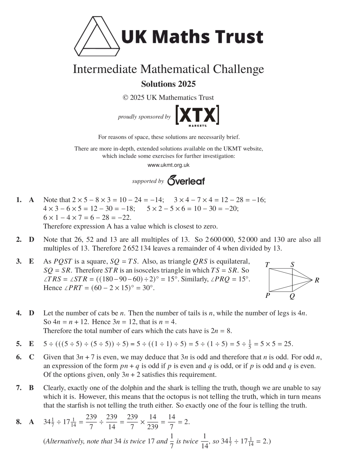 2025年英国中级数学挑战赛真题和答案