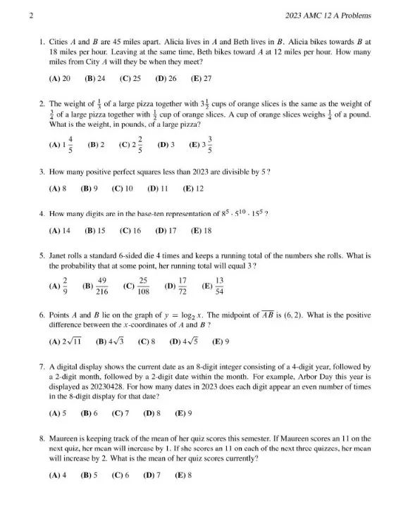 2023-2024年AMC12竞赛真题及答案，双语版本