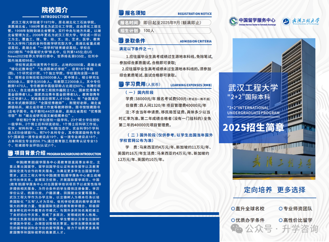 2025年武汉工程大学国际学院2+2名校国际本科招生简章及报考指南！