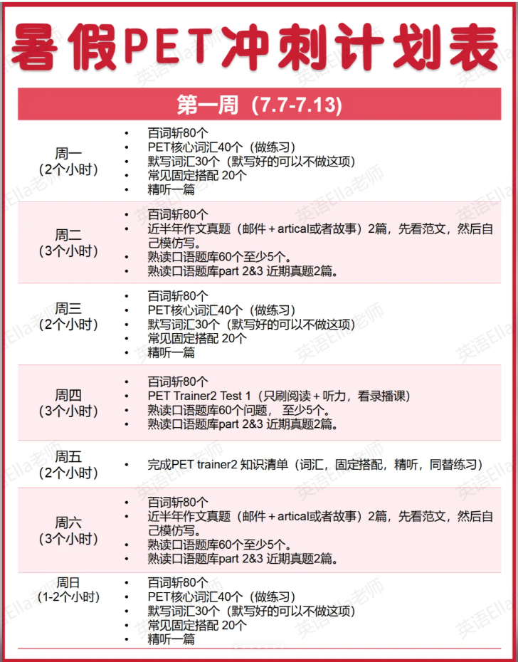 2025年PET暑假两个月冲刺计划！