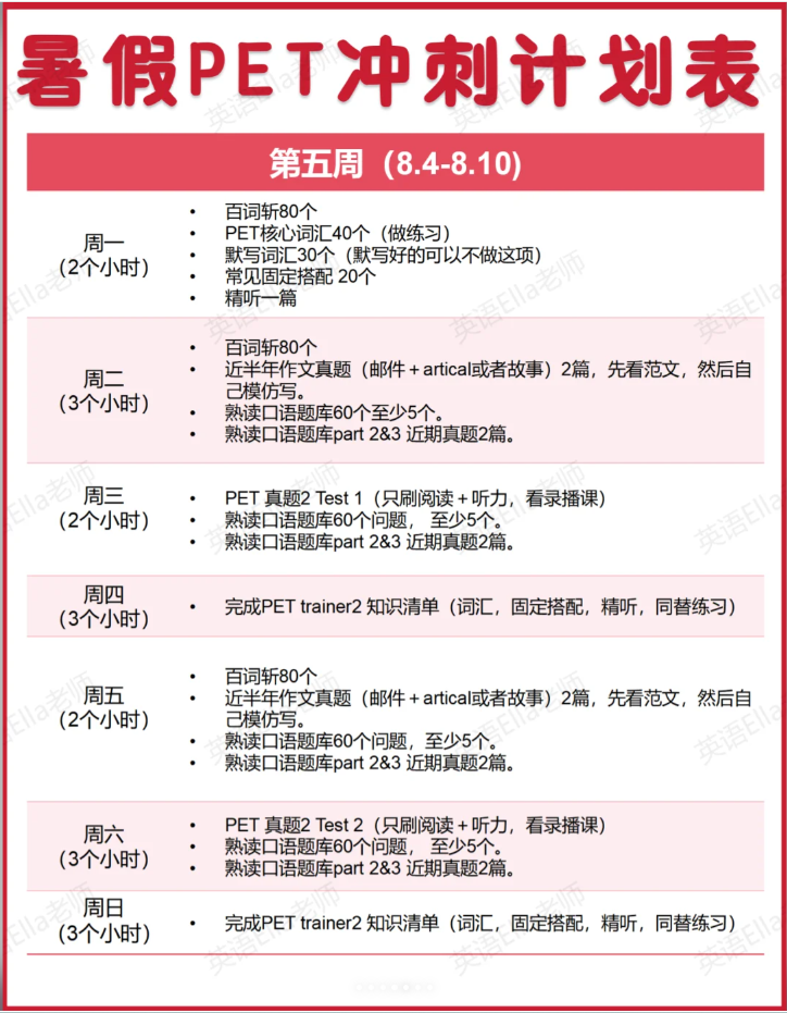 2025年PET暑假两个月冲刺计划！