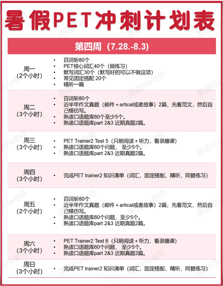 2025年PET暑假两个月冲刺计划！