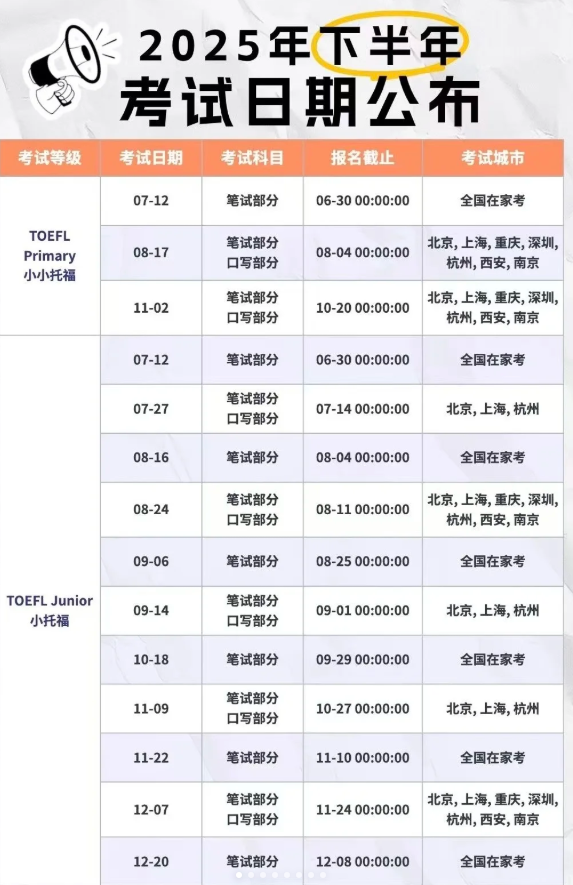 2025小托福考试时间安排表！附TOEFL junior小托福考试全真模拟题