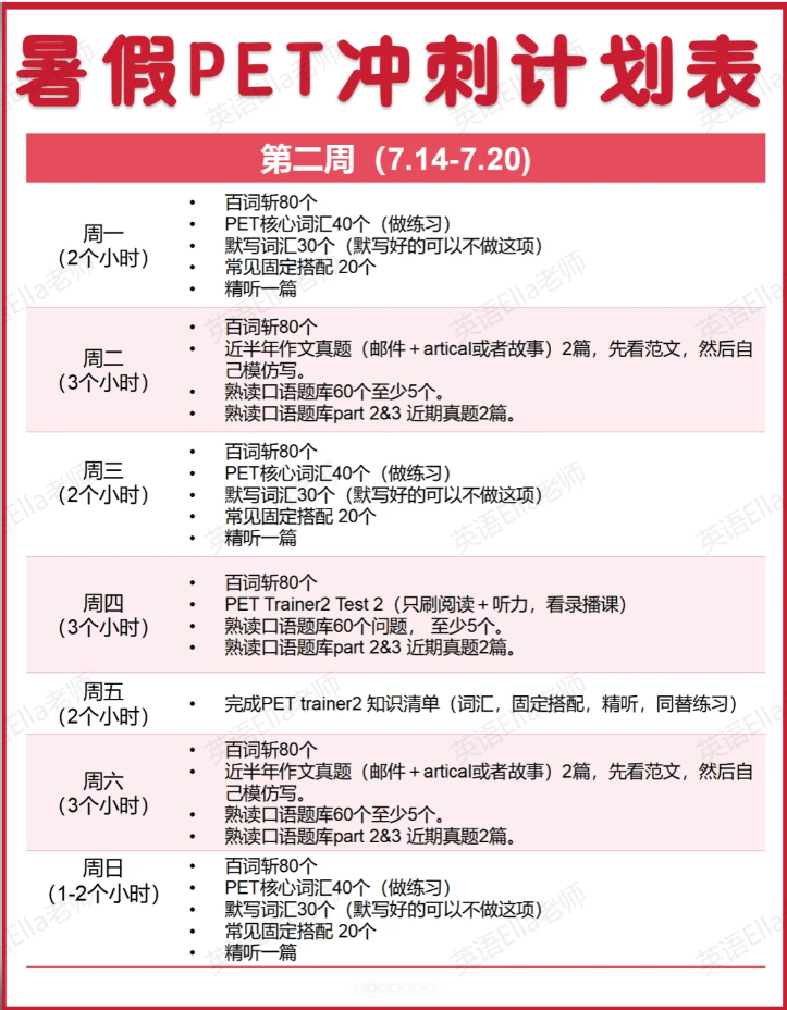 2025年PET暑假两个月冲刺计划！