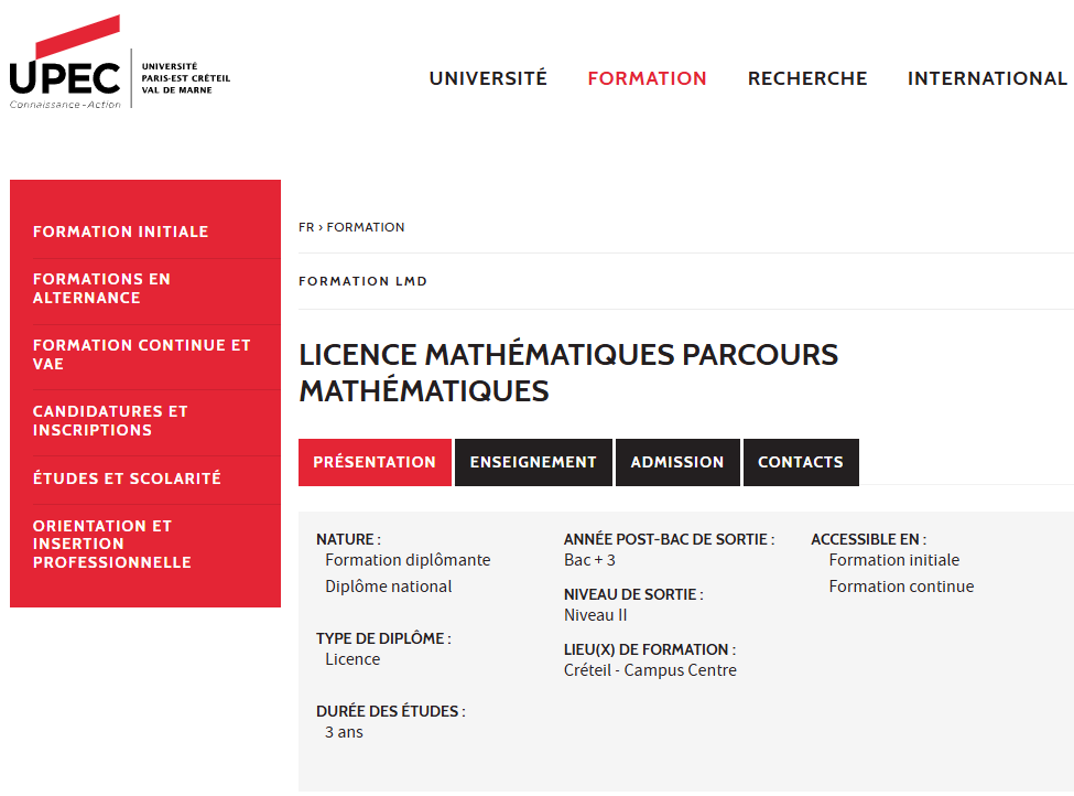 UPEC巴黎十二大：本科数学专业 Licence Mathématiques