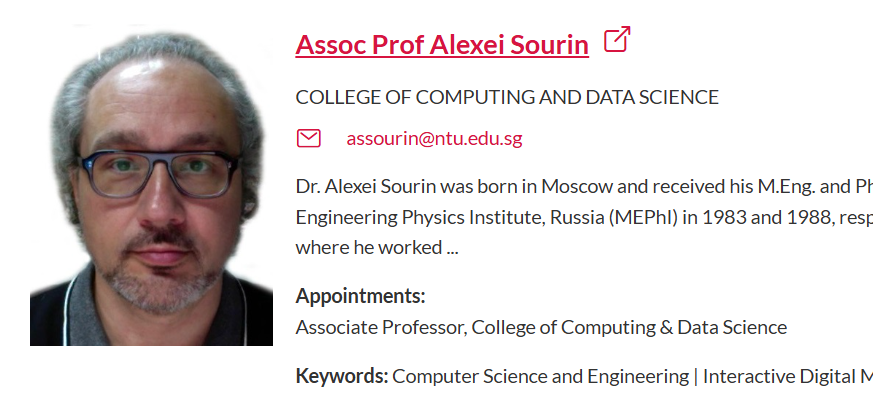 新加坡南洋理工大学全奖博士招生(Prof. Alexei Sourin)