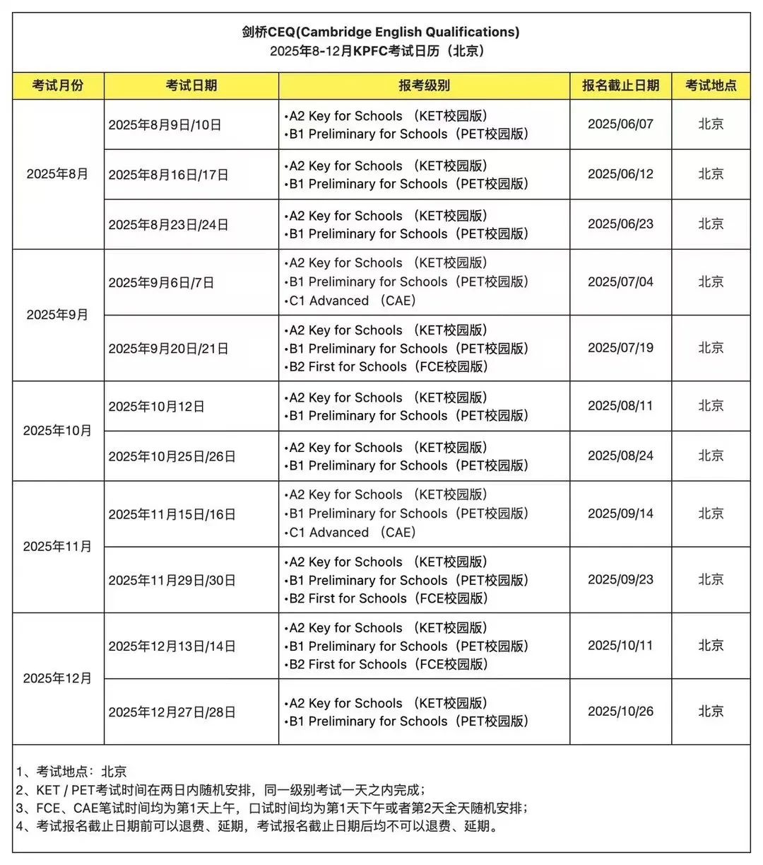北京KET/PET暑假班线下培训 | 2025年北京KET/PET考试时间汇总&线下考点