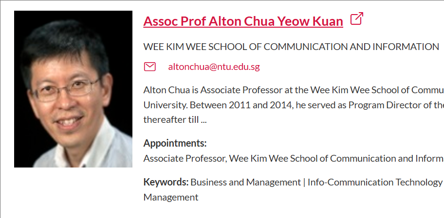 新加坡南洋理工大学全奖博士项目（Prof. Alton Chua Yeow Kuan）