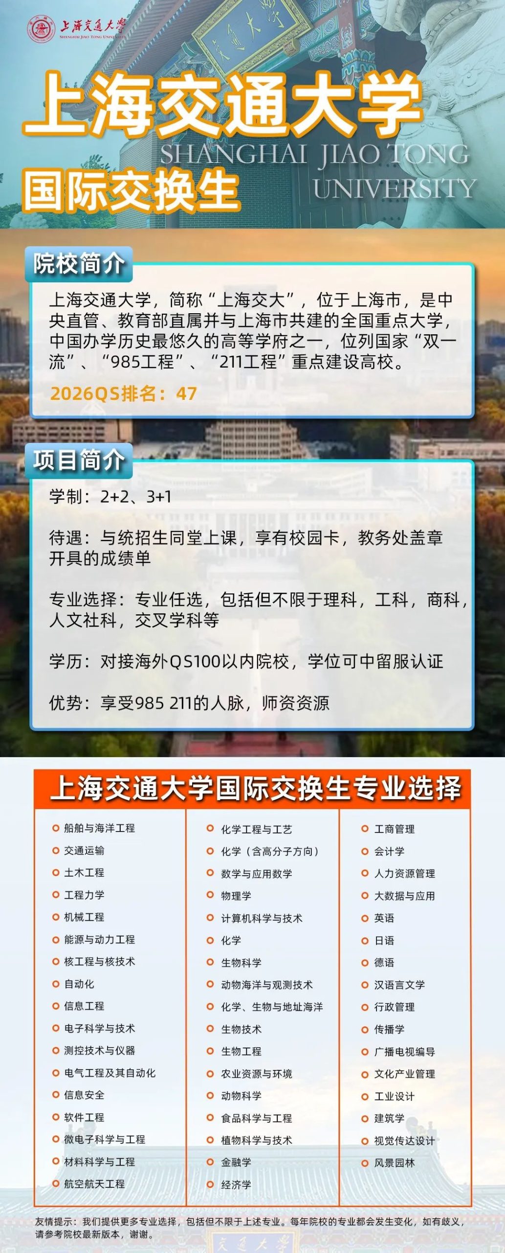 上海交通大学国际本科交换生2+2/3+1项目！专业人选，插班进统招生优秀班级就读