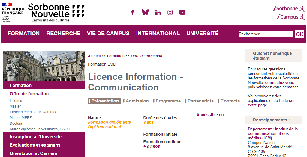 巴黎三大：本科信息-传播专业 Licence Information - Communication