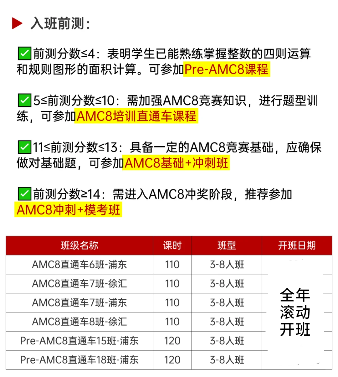 AMC8全年培训课程，预备/衔接/基础/强化/冲刺多班型可选择