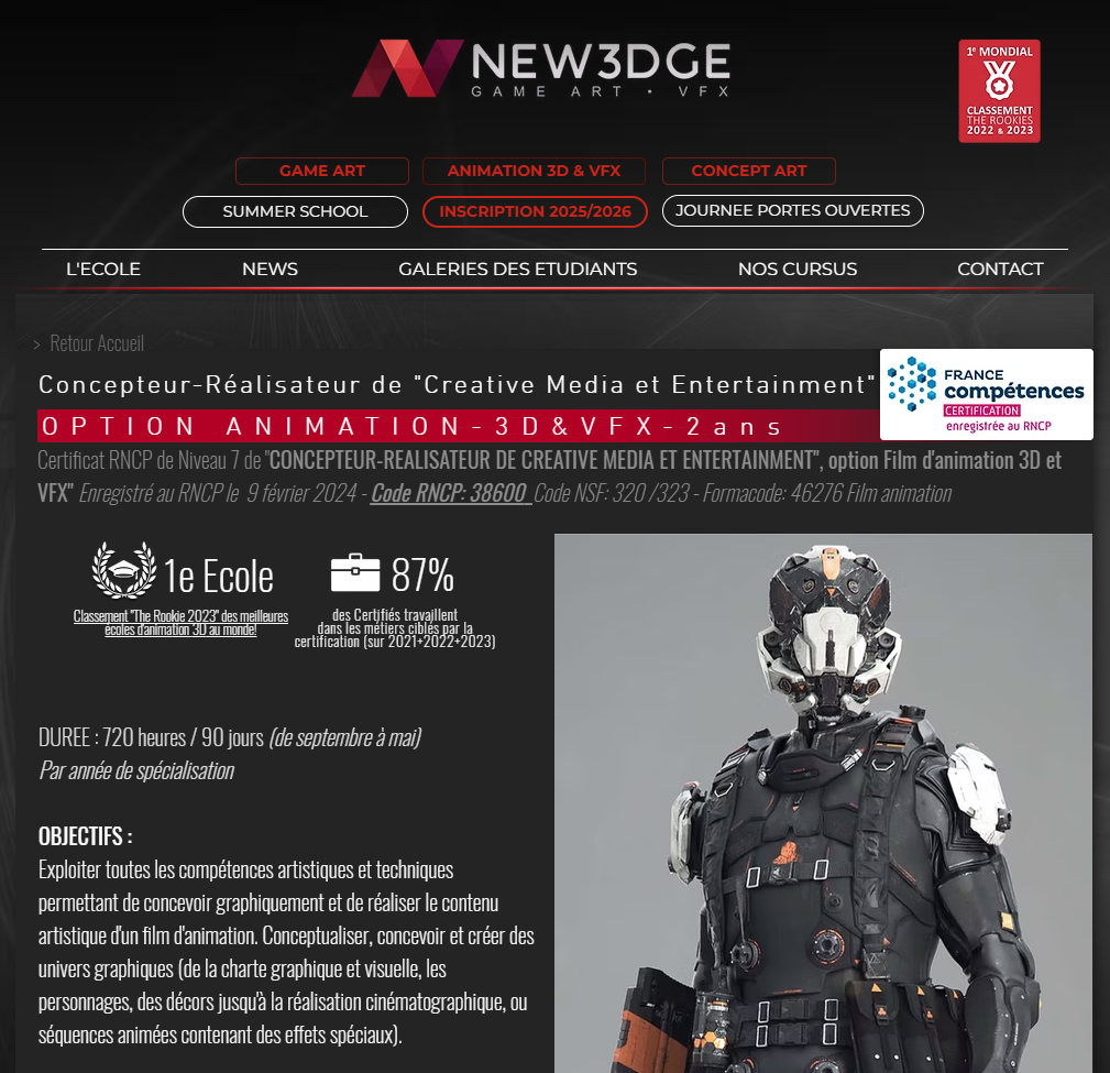 NEW3DGE：五年制3D动画&VFX - RNCP 7级硕士 - 巴黎校区