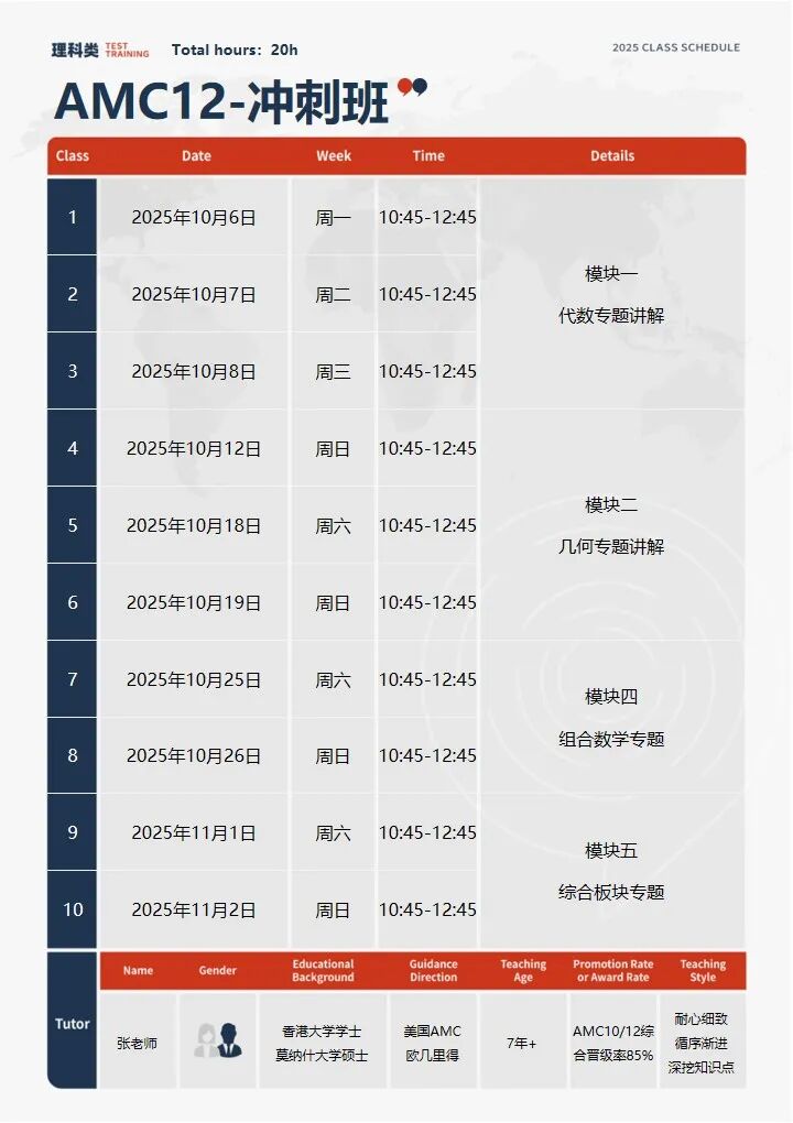 AMC12赛前冲刺阶段！20H攻克重难点！中国科学技术大学博士亲授~