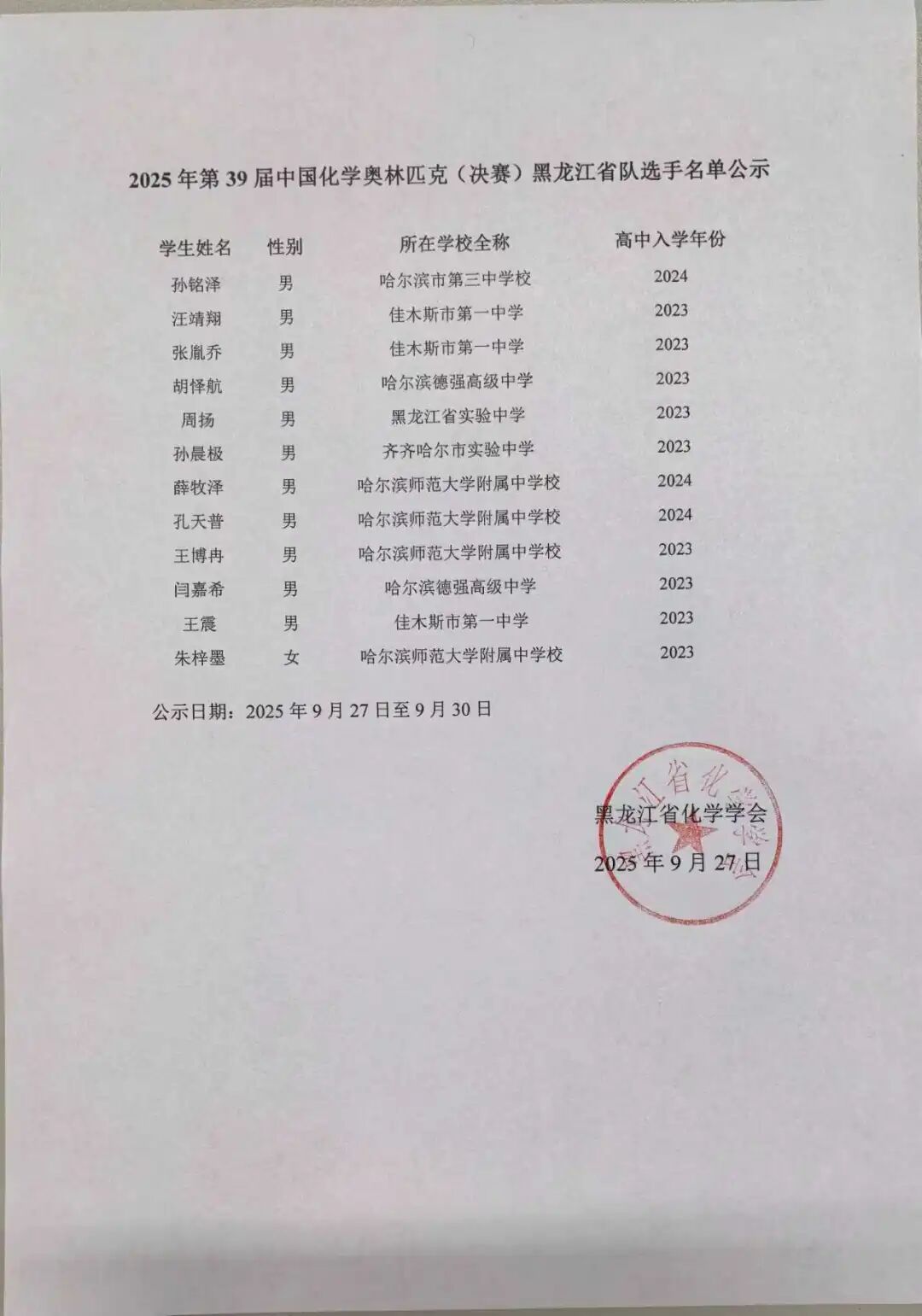 广东、湖南、北京、四川等省份公布第39届化学竞赛省队名单！