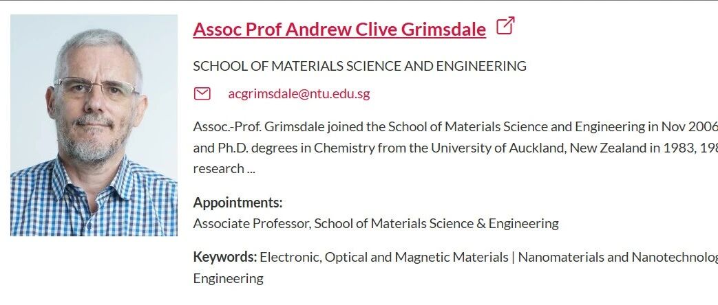 新加坡南洋理工大学全奖博士招生(Prof. Andrew Grimsdale)