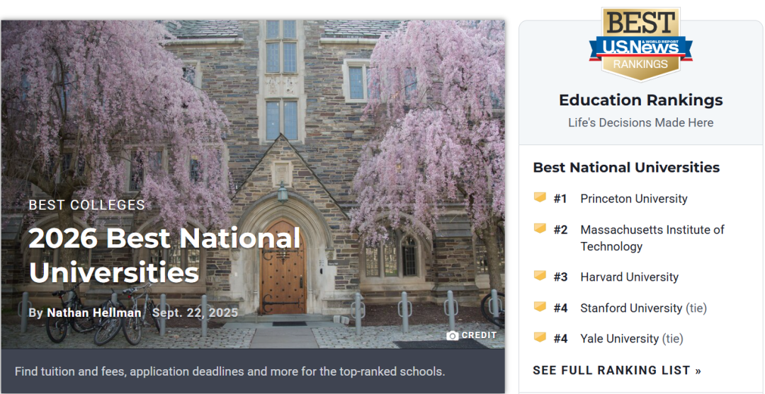 2026 U.S.News美国大学排名发布！