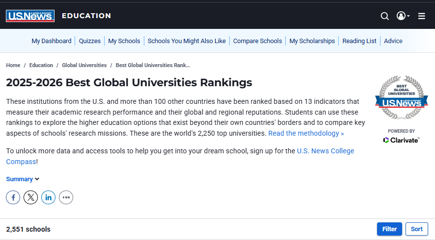 最新！2026年U.S.News美国最佳大学排名公布