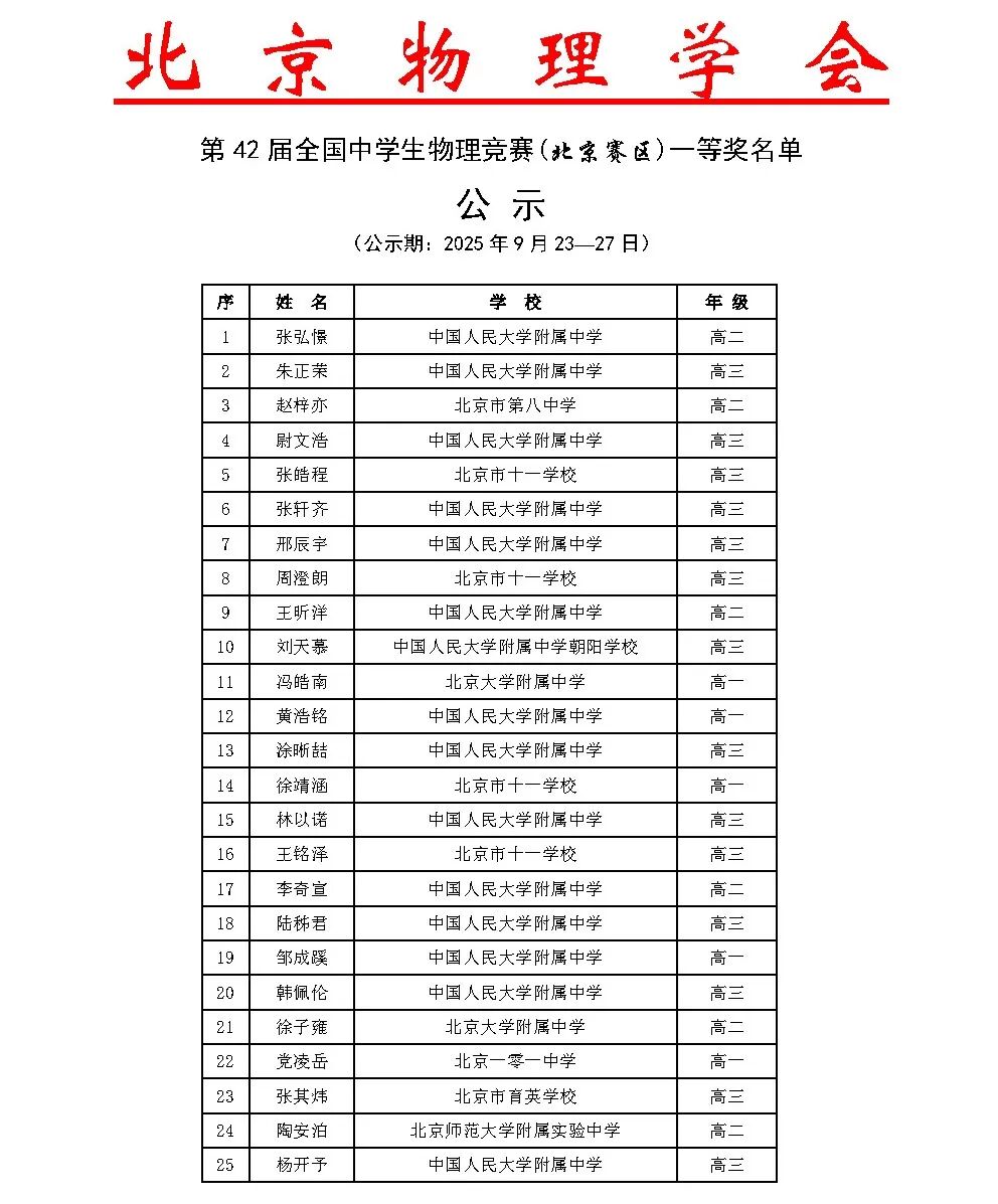 浙江、湖北、北京等省市公布2025年物理竞赛复赛获奖名单