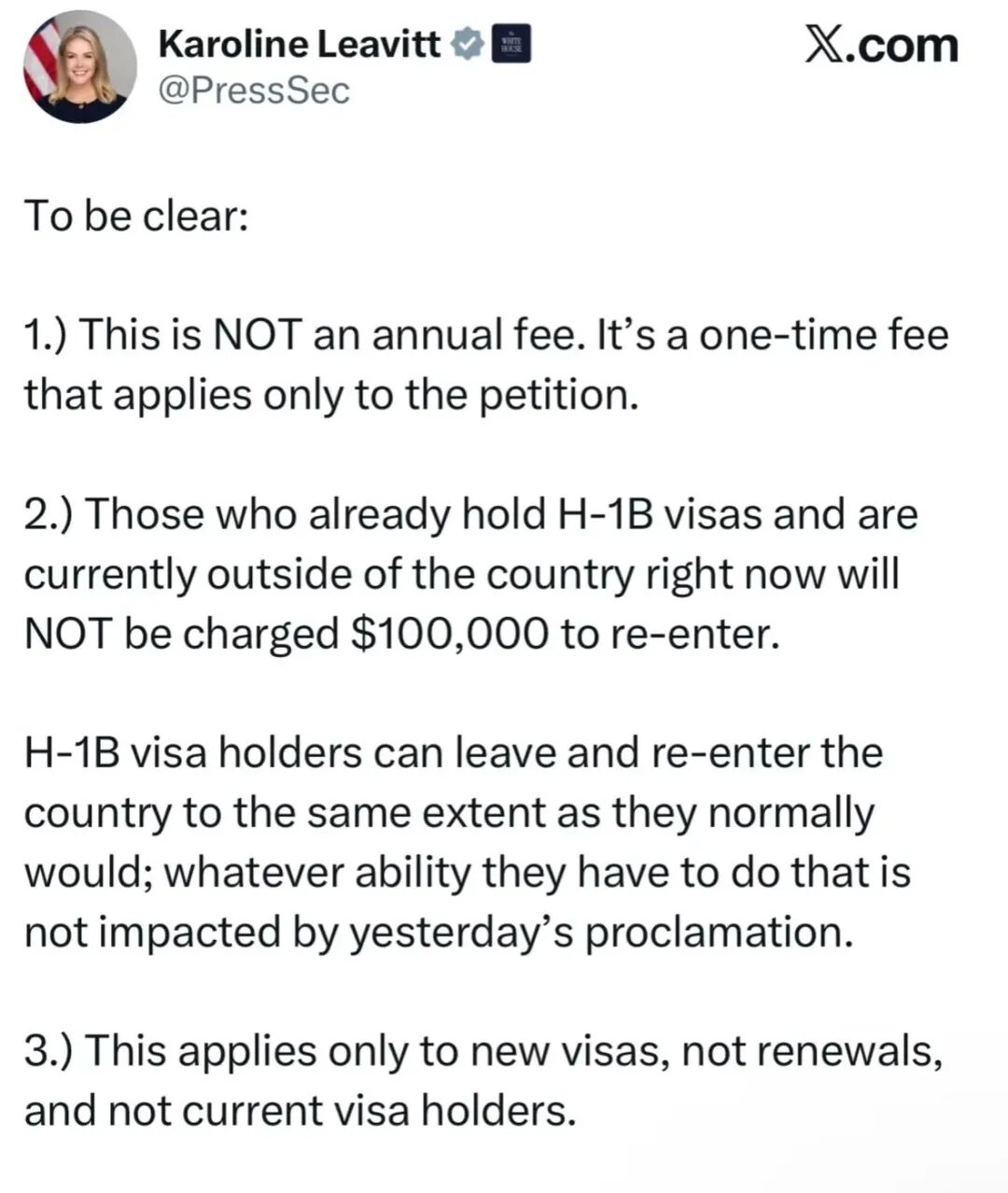 突发反转！H-1B新政不影响现有签证！白宫官方证实最新解读