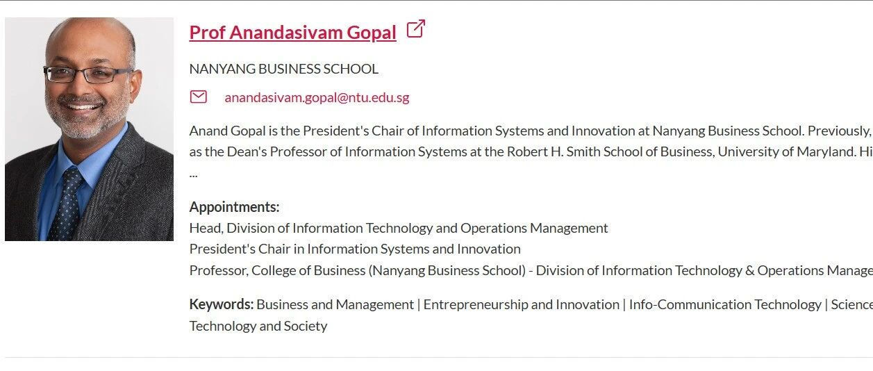 新加坡南洋理工大学全奖博士招生(Prof. Anandasivam Gopal)
