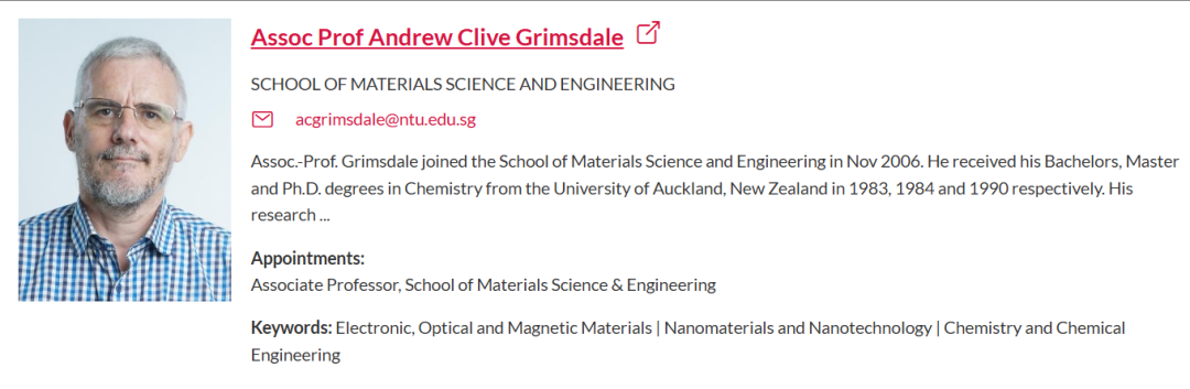 新加坡南洋理工大学全奖博士招生(Prof. Andrew Grimsdale)