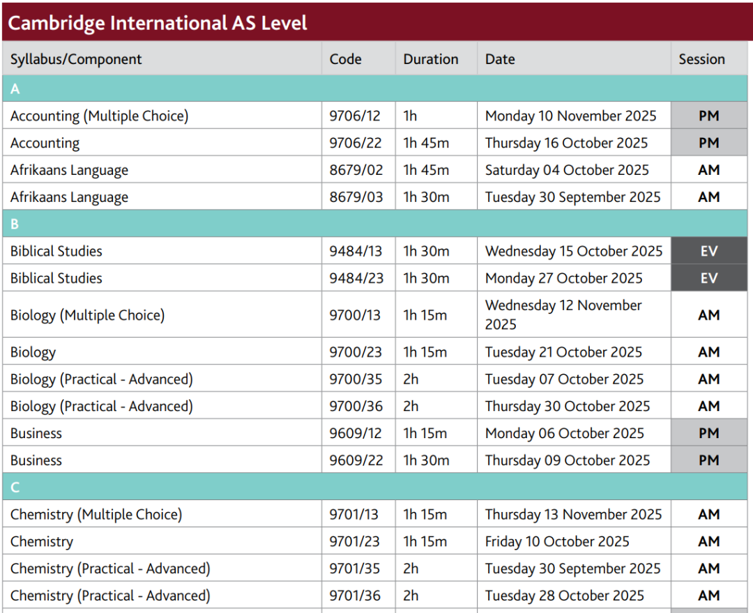 CIE 2025年10-11月AS和ALevel考试时间安排