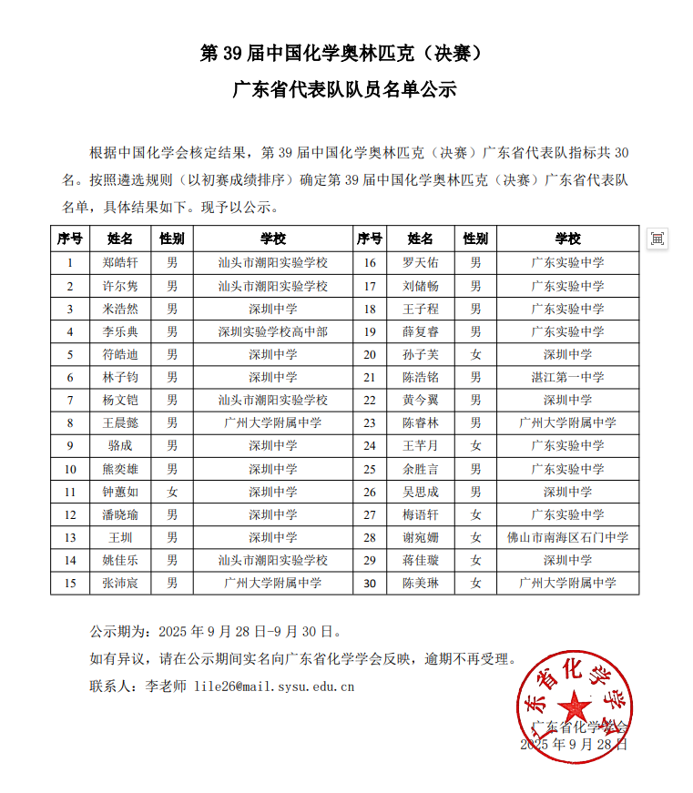 广东、湖南、北京、四川等省份公布第39届化学竞赛省队名单！