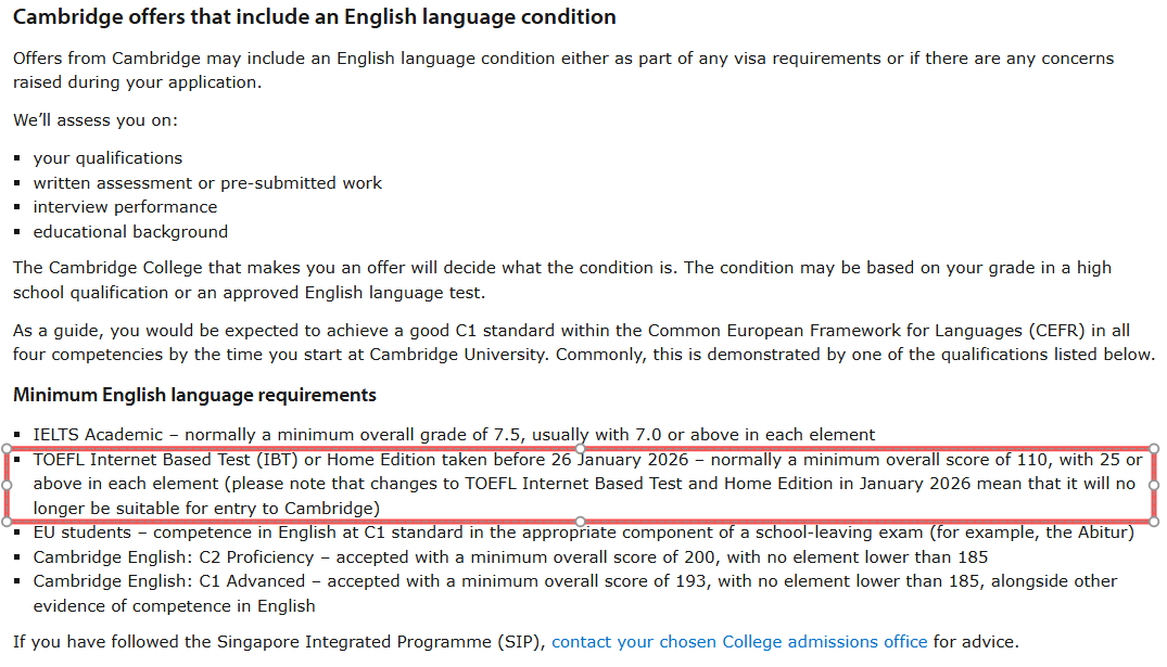 剑桥大学不接受 2026 年改版的托福成绩有哪些影响？英国 G5 大学语言成绩梳理！
