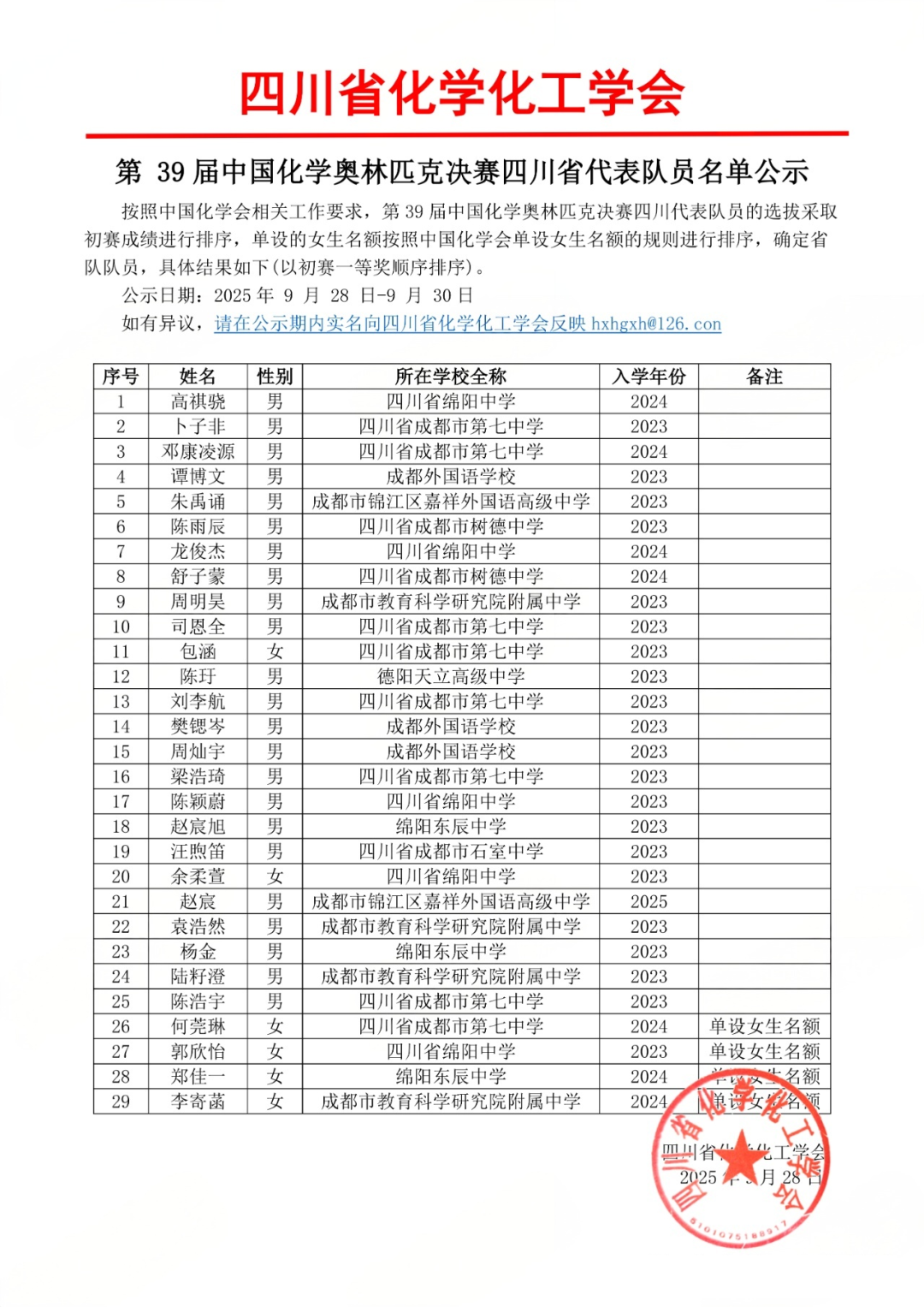 广东、湖南、北京、四川等省份公布第39届化学竞赛省队名单！