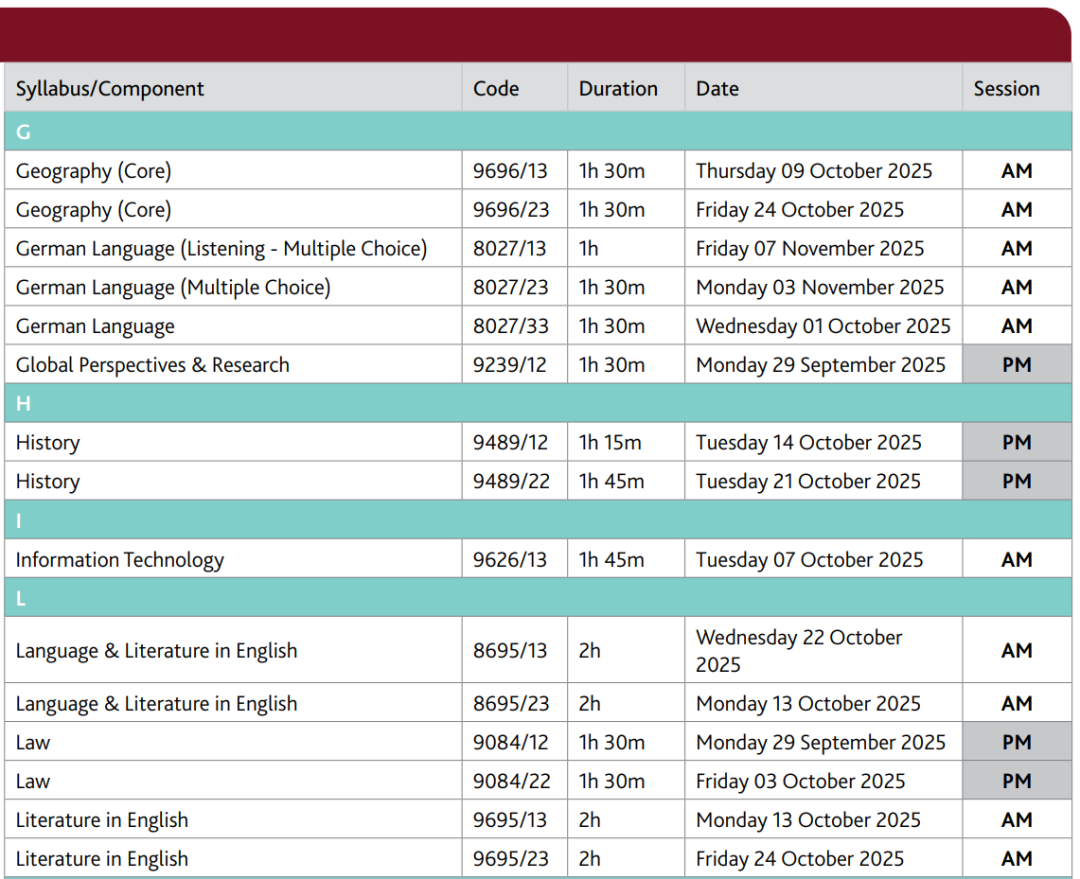 CIE 2025年10-11月AS和ALevel考试时间安排