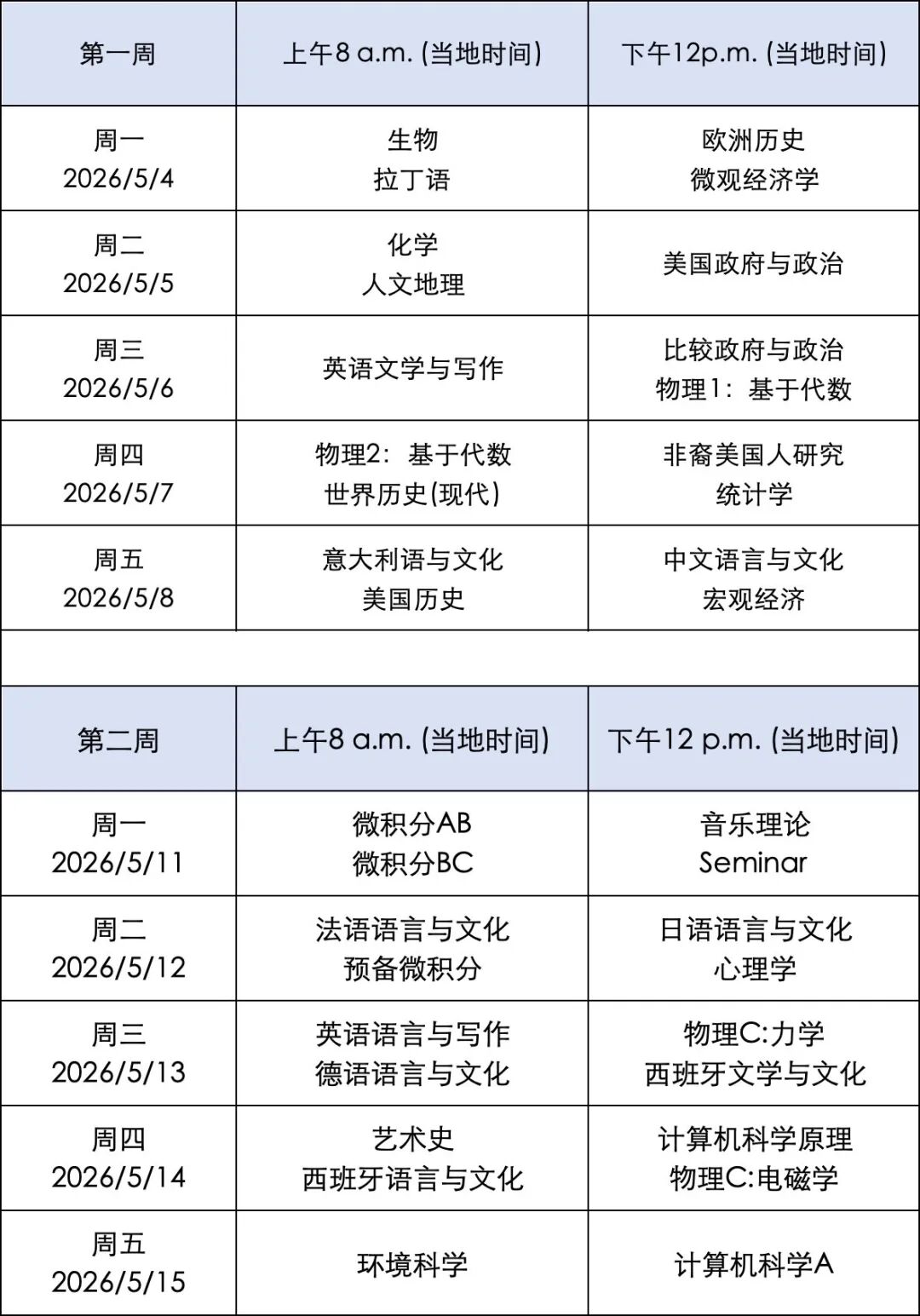 2026年留学考试时间表: SAT、AP、IB、A-Level.......