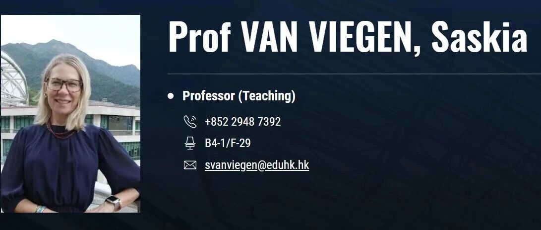 香港教育大学英语教育学系顶尖PhD导师招生（VAN VIEGEN, Saskia教授）