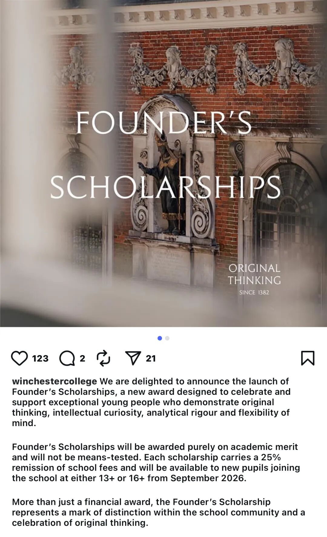 九大公学Winchester College新增奖学金，Y9/Y12可申，25%学费减免