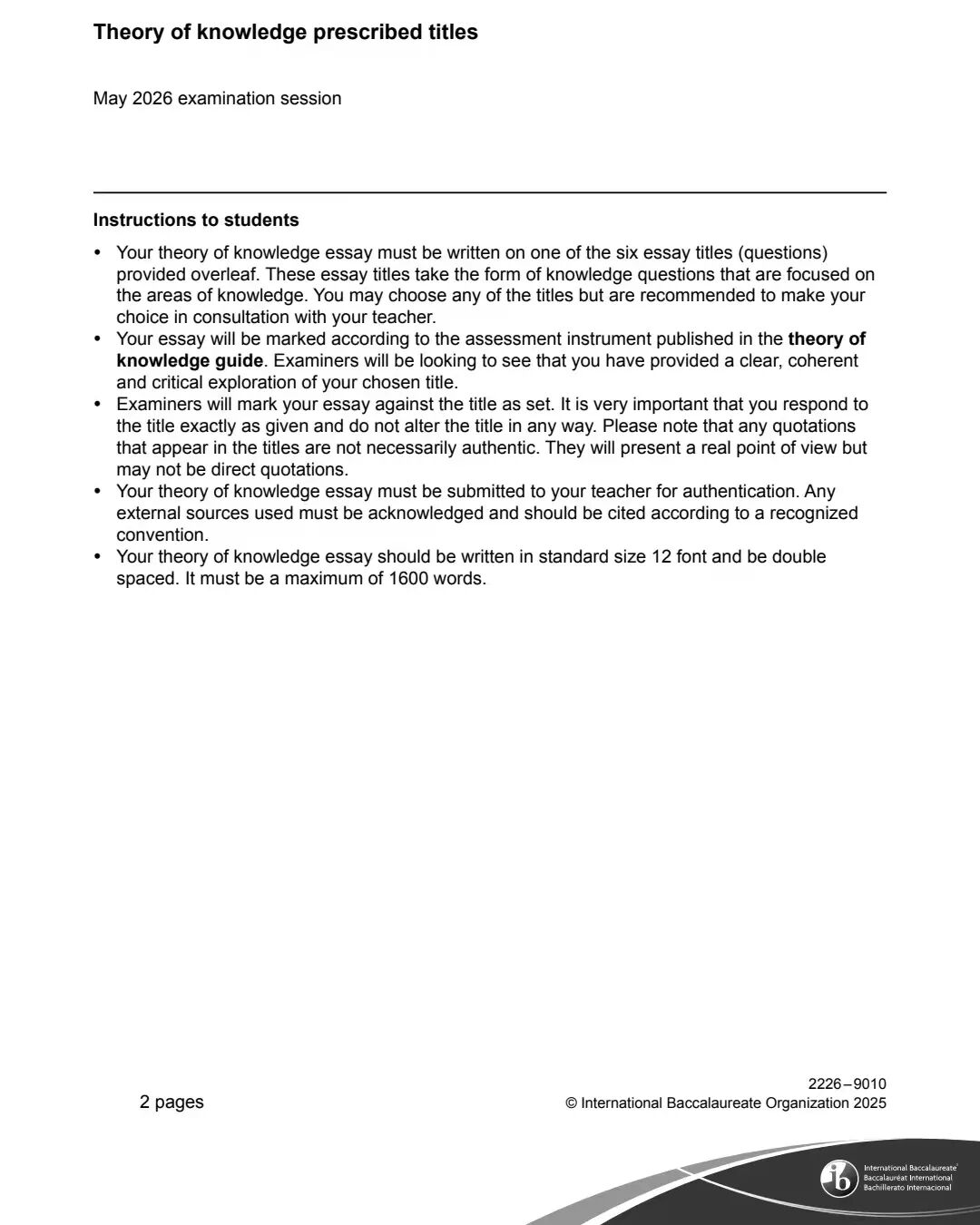 IB TOK 2026年5月大考题目，你选哪一个？