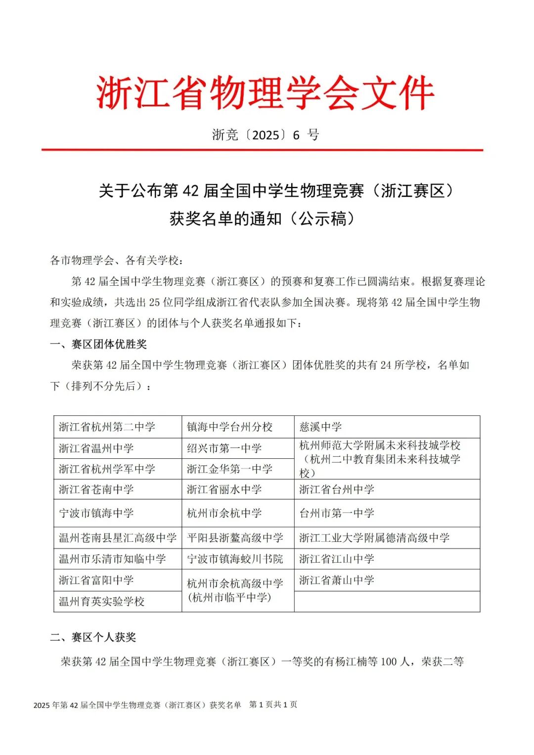 关于公布第42届全国中学生物理竞赛(浙江赛区)省一省二省三获奖名单的通知