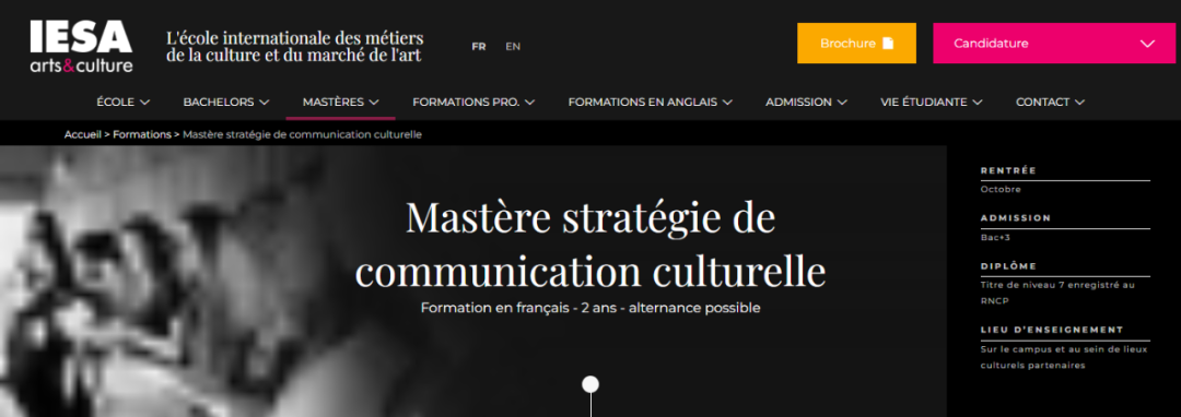 IESA法授2年制硕士：Mastère文化传播战略 - RNCP 7 级