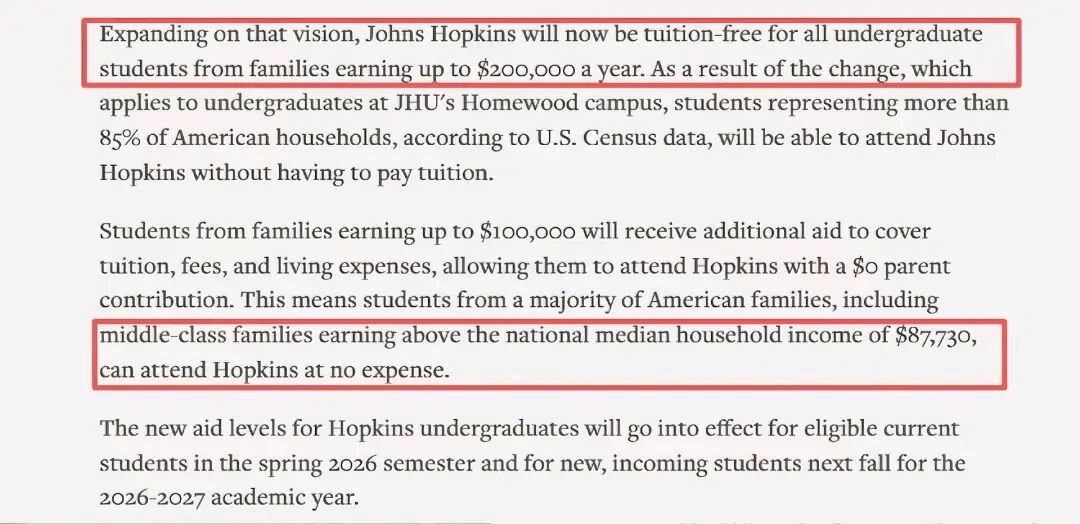 豪气！美国TOP10大学JHU官宣：对家庭收入不满20万$的家庭学费全免！