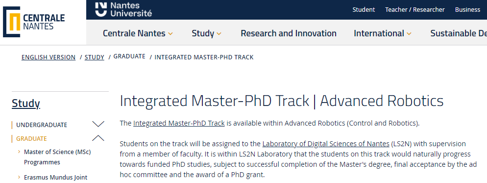 南特中央理工学院5年制硕博项目:控制与机器人学 - 高级机器人技术方向