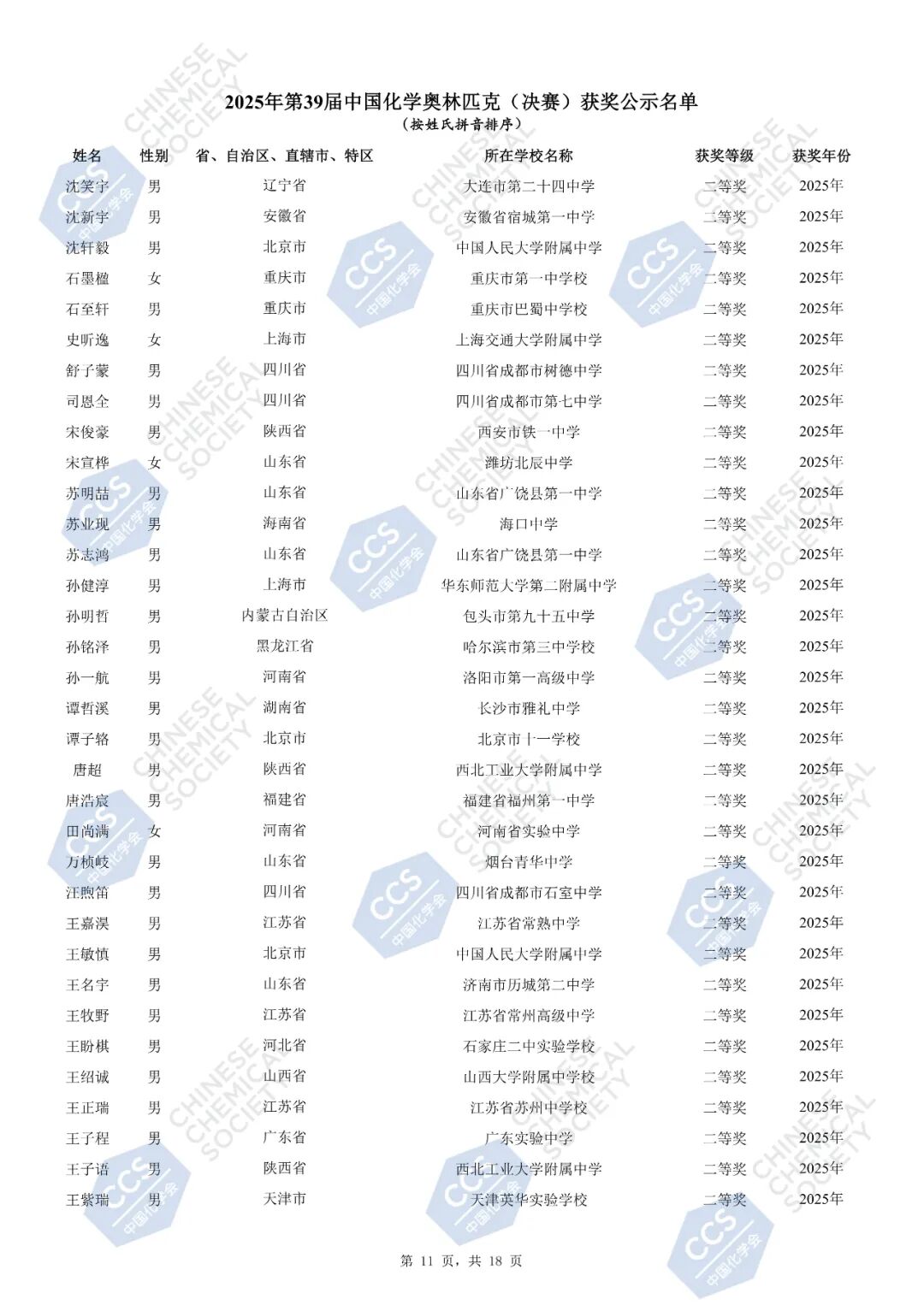 官方发布丨第39届中国化学奥林匹克（决赛）获奖名单公示