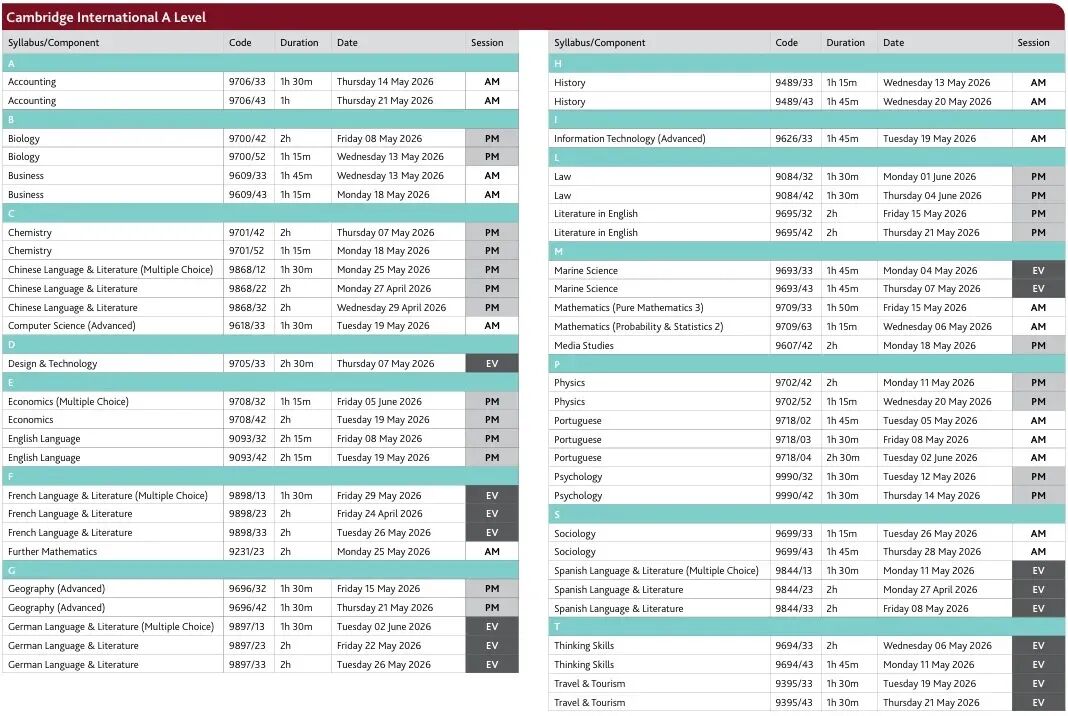 2026年ALevel夏季大考考试时间公布！附ALevel大考冲刺课程培训~