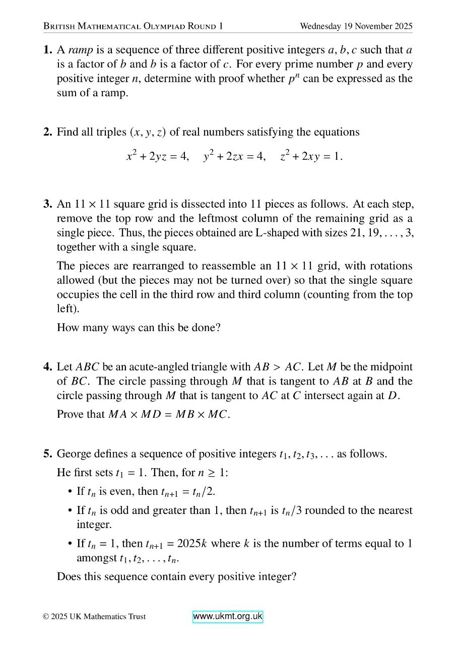2025年英国奥数竞赛真题及答案出炉 2025年英国奥数竞赛真题及答案出炉