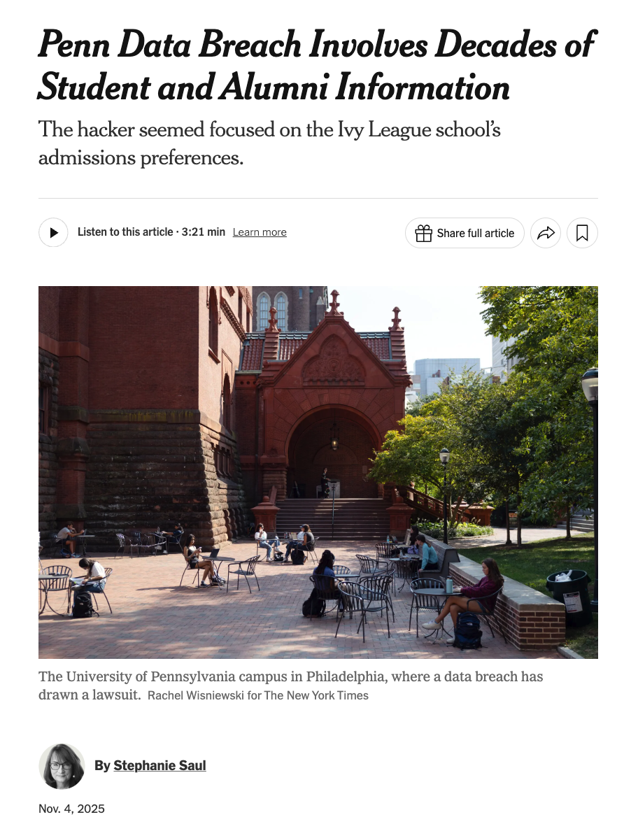 宾大120万条数据遭黑客窃取 精英名校的“录取秘密”正在被曝光？