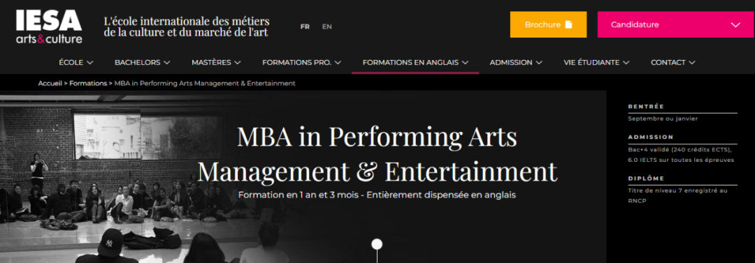 IESA英授1年制硕士:MBA表演艺术管理与娱乐 - RNCP 7级 IESA英授1年制硕士:MBA表演艺术管理与娱乐 - RNCP 7级