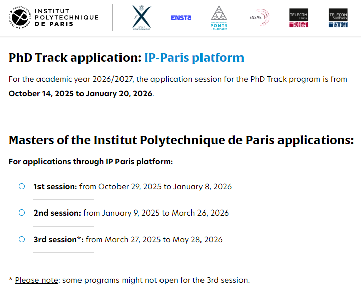 2026fall申请季 | IP Paris两年制硕士&五年制硕博PhD网申时间公布！